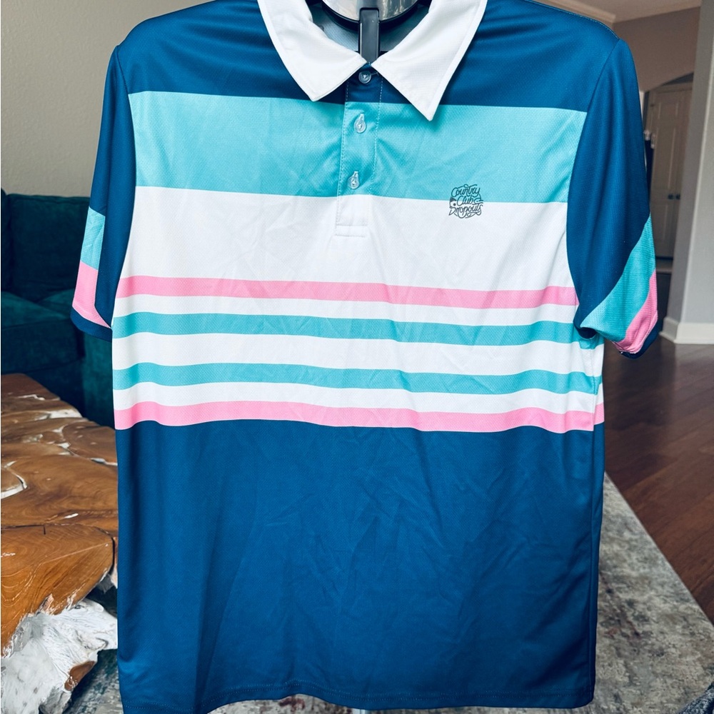 Callaway Men's Polo Shirt - Blue, Pink, and White Stripes